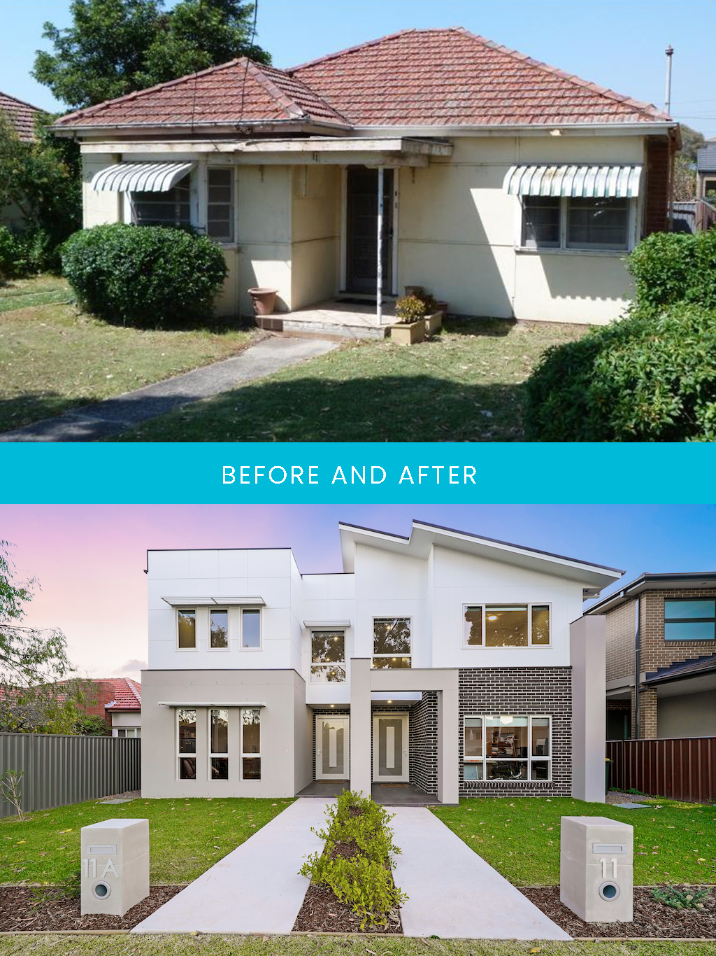 A before and after image of a knock down rebuild in Sydney